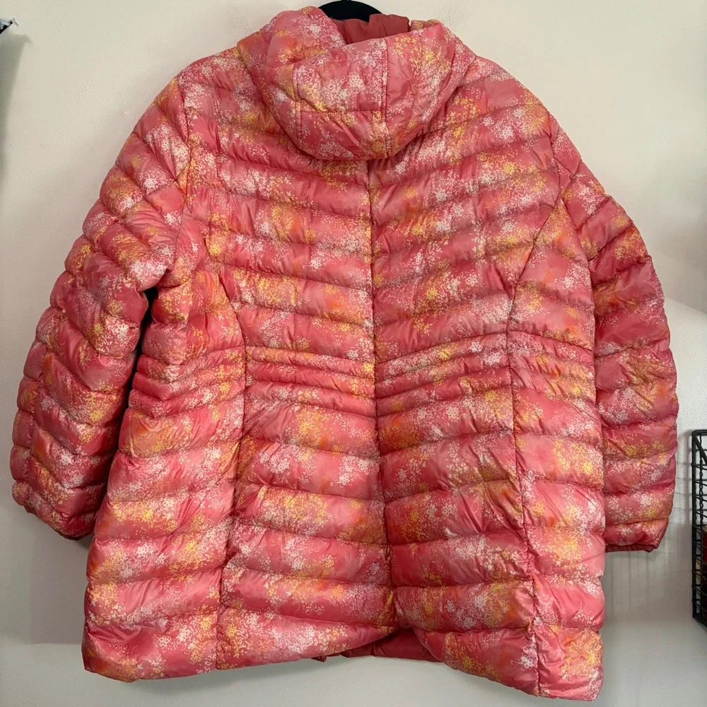 Lands End Womens 2X Down Puffer Jacket Pink Orange Floral Hooded‎ Quilted Coat